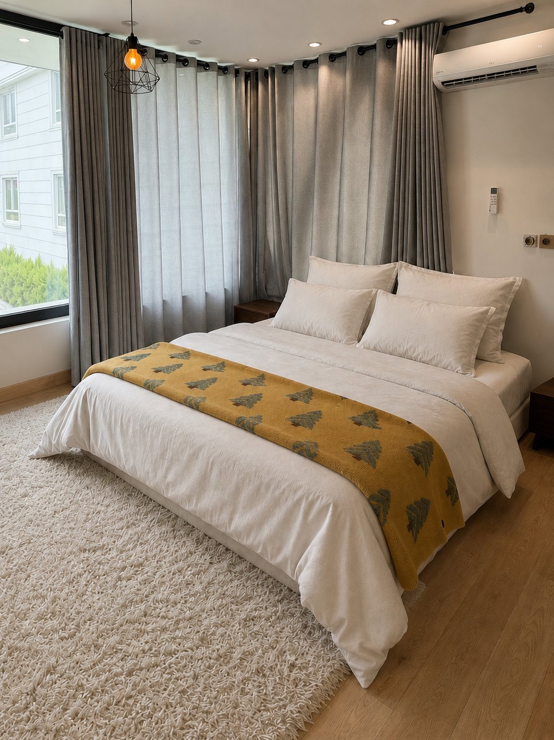 HERMOD HOSPITALITY چیدمان پیشنهادی ویلای مدرن با کالای خواب سفید و شال طلایی